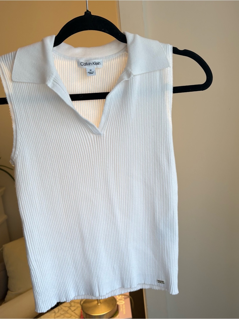 Calvin Klein White Ribbed Sleeveless Polo Tank Top